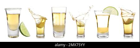 Mexikanische Tequila-Aufnahmen auf weißem Hintergrund. Bannerdesign Stockfoto