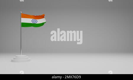 3D indische Flagge mit Pol, leerer Platz für Werbung, isolierte indische Flagge auf weißem Hintergrund Stockfoto