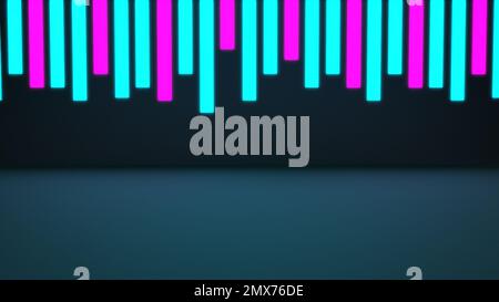 abstraktes hintergrundkonzept mit 3D Rendern, Neonstreifen an der Wand, futuristische tapetenkunst mit 3D bildern, isolierter Leerraum Stockfoto