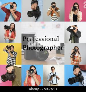 Collage verschiedener Menschen mit Kameras und Text professioneller Fotograf Stockfoto