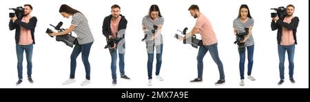 Collage von Bedienern mit professionellen Videokameras auf weißem Hintergrund. Bannerdesign Stockfoto