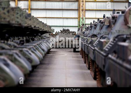 Belgien / Brüssel, 2/2/2023 - der Mann, der der Ukraine helfen wollte: In den Hangars, die Leoparden - 2/2/2023 - Belgien / Brüssel / Brüssel - während die Europäer die Leoparden 2 und andere Panzer in die Ukraine schicken müssen, rund 500 schwere und leichte Panzer (Leoparden 1 und Geparden...) Werden in den Hangars des Verteidigungsunternehmens OIP Land Systems in der Nähe von Tournais in Belgien gelagert. Diese Zahl macht es zur größten privaten Sammlung von Tanks in Europa.) Freddy Versluys, der CEO, ist bereit, sie zu verkaufen und zu exportieren, sobald er die notwendigen Genehmigungen vom Gouverneur erhält Stockfoto