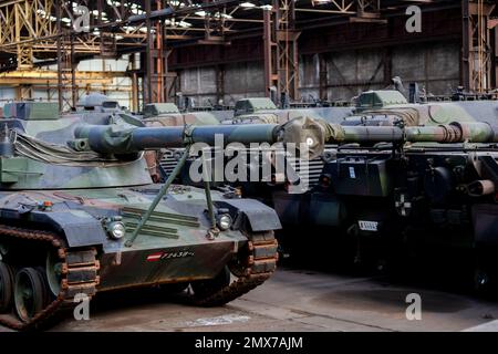 Belgien / Brüssel, 2/2/2023 - der Mann, der der Ukraine helfen wollte: In den Hangars, die Leoparden - 2/2/2023 - Belgien / Brüssel / Brüssel - während die Europäer die Leoparden 2 und andere Panzer in die Ukraine schicken müssen, rund 500 schwere und leichte Panzer (Leoparden 1 und Geparden...) Werden in den Hangars des Verteidigungsunternehmens OIP Land Systems in der Nähe von Tournais in Belgien gelagert. Diese Zahl macht es zur größten privaten Sammlung von Tanks in Europa.) Freddy Versluys, der CEO, ist bereit, sie zu verkaufen und zu exportieren, sobald er die notwendigen Genehmigungen vom Gouverneur erhält Stockfoto