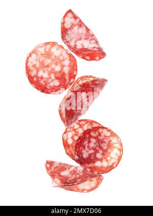 Set mit fliegender, frischer Wurst auf weißem Hintergrund Stockfoto