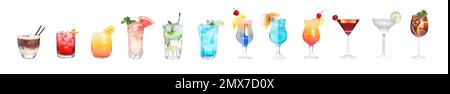 Eine Auswahl an leckeren alkoholischen Cocktails auf weißem Hintergrund. Bannerdesign Stockfoto