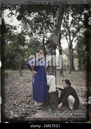 Saigon, Cochinchina, Indochina zwei junge Saigon-Frauen, eine in Blau, die andere in schwarzer Tunika, am Fuß eines Baumes, Léon beschäftigt in Indochina Stockfoto