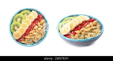 Schüsseln mit Quinoa-Haferbrei mit Erdnüssen, Kiwi, Bananen und Granatapfelsamen auf weißem Hintergrund Stockfoto