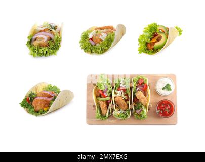 Set aus köstlichen frischen Fisch-Tacos auf weißem Hintergrund Stockfoto