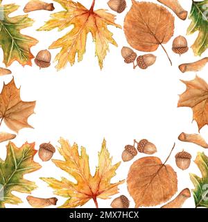 Aquarell-Banner mit Blättern und Zweigen. Fallrahmen als Teil. Herbstbild für Grußkarten, Hochzeitseinladungen, Zitate und Dekorationen. Stockfoto
