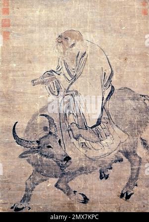 Lao Tzu. Illustration des alten chinesischen Taoisten-Philosophen Lao Tzu ( Laozi ) Reiten eines Ochsen von Zhang Lu (1464–1538), Scroll, c. 1480-1538 Stockfoto