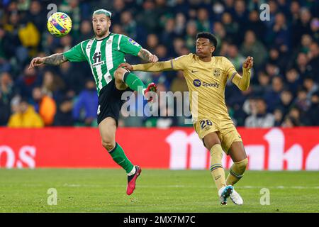 Aitor Ruibal von Real Betis und Alex Balde vom FC Barcelona während des Spiels La Liga, Date 17, zwischen Real Betis und dem FC Barcelona, gespielt am 01. Februar 2023 im Benito Villamarin Stadium in Sevilla, Spanien. (Foto: Antonio Pozo / PRESSIN) Stockfoto