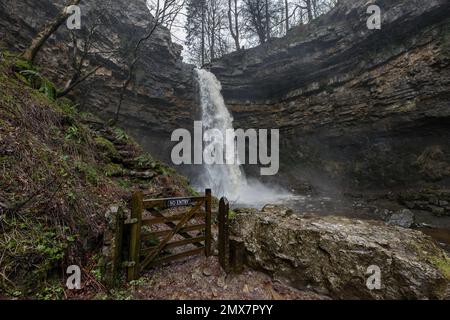 Hardraw, Großbritannien. 02. Februar 2023. Hardraw Force Waterfall Englands größter Wasserfall mit einem Tropfen, ein mutmaßlicher 100 Fuß Fall und liegt auf dem Gelände des historischen Green Dragon Inn ist nach einer Periode von starkem Regen im Hardraw Force Waterfall, Hardraw, Großbritannien, 2. Februar 2023 (Foto von Mark Cosgrove/News Images) In Hardraw, Vereinigtes Königreich, am 2/2/2023. (Foto: Mark Cosgrove/News Images/Sipa USA) Guthaben: SIPA USA/Alamy Live News Stockfoto