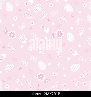 Süßes, nahtloses Muster mit Eiern, Schmetterling, Blumen und Blättern. Frohes, nahtloses Ostermuster. Stock Vektor