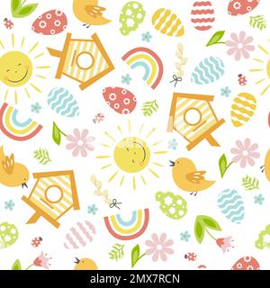 Nahtloses ostermuster mit Eiern, Blumen, Vogel, Regenbogen und Sonne. Farbenfroher Hintergrund zu Ostern. Stock Vektor