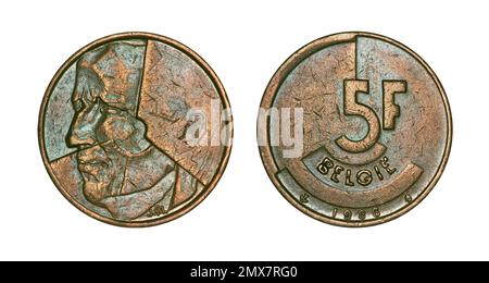 Beide Seiten der 5-belgischen-Francs-Münze (1986) mit stilisiertem Porträt des Königs Baudouin I. von Belgien. Stockfoto