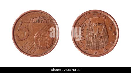 Auf beiden Seiten der in Spanien geprägten 5-Euro-Cent-Münze (1999) befindet sich die Kathedrale von Santiago de Compostela auf der anderen Seite. Stockfoto