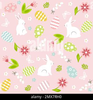 Süßes nahtloses ostermuster mit Häschen, Blumen, Schmetterling und Eiern. Stock Vektor