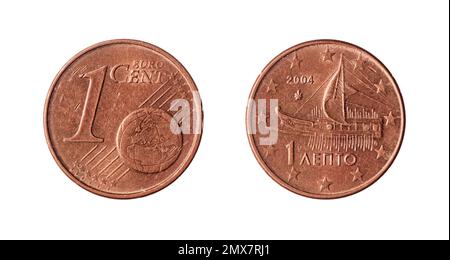 Auf beiden Seiten der in Griechenland geprägten 1-Euro-Cent-Münze (2004) befindet sich auf der gegenüberliegenden Seite ein Trireme, das größte Athener Boot. Stockfoto