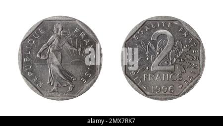 Auf beiden Seiten der 2-Francs-Münze (1996) befindet sich die Sower, die 1900 von Oscar Roty entworfen wurde. Stockfoto