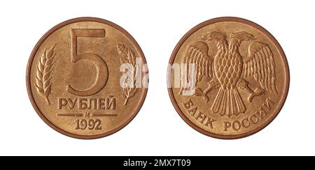 Beide Seiten der 5-Dollar-Münze (1992) mit einem doppelköpfigen Adler auf der gegenüberliegenden Seite. Stockfoto