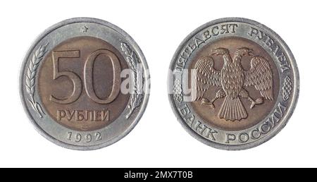 Beide Seiten der 50-Dollar-Münze aus Bimetall (1992) mit einem doppelköpfigen Adler auf der gegenüberliegenden Seite. Stockfoto