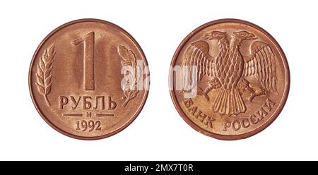 Auf beiden Seiten der 1-Dollar-Rubelmünze (1992) befindet sich ein doppelköpfiger Adler auf der gegenüberliegenden Seite. Stockfoto