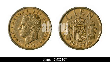 Beide Seiten der 100 spanischen Pesetas-Münze (1989) mit einem Porträt des spanischen Königs Juan Carlos I. auf der Vorderseite. Stockfoto