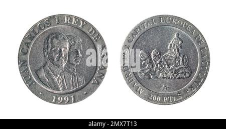 Auf beiden Seiten der spanischen Pesetas-Münze von 200 (1991) befinden sich zusammengeschlossene Büsten von König und Kronprinz von Spanien. Stockfoto