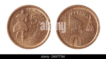 Auf beiden Seiten der spanischen Pesetas-Münze von 5 (1994) wird während des Tanzes der Pfähle, einem traditionellen Volksfest in La Rioja, eine Tänzerin auf Pfählen gezeigt. Stockfoto