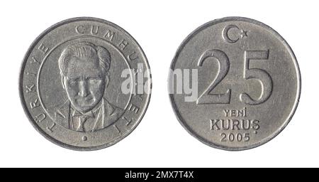 Beide Seiten der 25 türkischen kuruş-Münze (2005) mit der Büste von Mustafa Kemal Atatürk auf der anderen Seite. Stockfoto