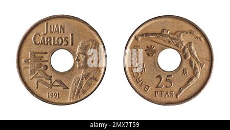 Beide Seiten der spanischen Pesetas-Münze von 25 (1991), die anlässlich der Olympischen Spiele 1992 in Barcelona ausgegeben wurde. Stockfoto