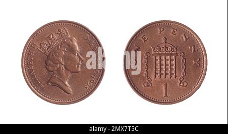 Beide Seiten der 1 britischen Penny-Münze (1993) mit dem gekrönten Porträt von Königin Elizabeth II., die das George IV State Diadem trägt. Stockfoto