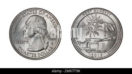 Beide Seiten der 1/4-US-Dollar-Gedenkmünze mit Porträt von G. Washington und dem Fort McHenry während des „Defenders Day“. Stockfoto