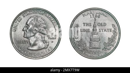 Beide Seiten der 1/4-Dollar-Münze (2000) mit Porträt von George Washington, dem 1. Präsidenten der USA und der Kuppel des Maryland Statehouse. Stockfoto