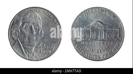 Beide Seiten der 5 US-Cent-Münze (2010) mit dem Porträt von Thomas Jefferson, dem 3. US-Präsidenten, und Monticello, seinem Zuhause in Virginia. Stockfoto