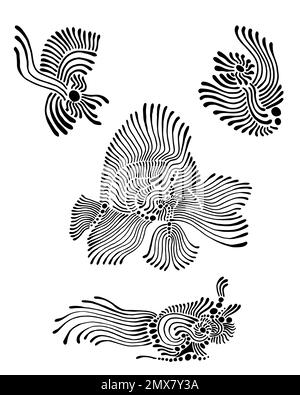 Set mit surrealen abstrakten Stammeselementen, schwarze Linie isoliert auf weißem Hintergrund. Fantastische einfarbige Formen im Doodle-Stil. Stock Vektor