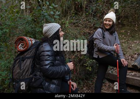 Mutter und Tochter in warmer Kleidung mit Rucksäcken und Wanderstöcken auf Treppen durch den Wald, während sie die Natur während der Wanderung erkunden Stockfoto