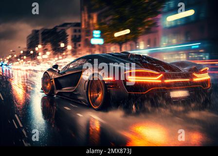 Futuristische Sportwagen fahren im Regen auf der Straße der Stadt, Luxusauto nachts auf der Straße der Stadt, generative KI. Rennwagen auf leichten Pfaden im Hintergrund. Konzept