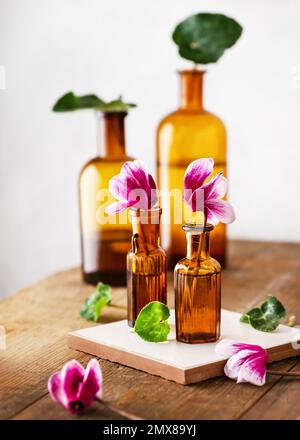 Stillleben mit kleinem Strauß violetter Cyclamen-Blüten in braunen Apothekenglasflaschen auf einem Holztisch. Stockfoto