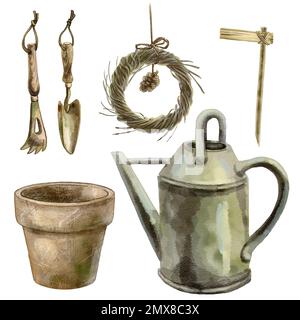 Abbildung eines Sets mit Gartenwerkzeugen. Qualitativ hochwertige Darstellung Stockfoto