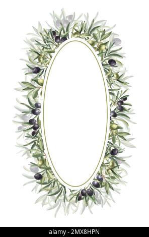 Botanischer Kranz mit goldenem Glitzer, ovaler Rahmen in Aquarell mit Blumenmuster und olivfarbenen Ästen, Rand mit Olivbeeren und Ästen, handgemalte exotische Illustration o Stockfoto