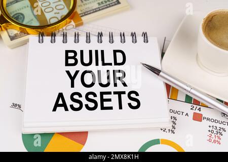 Geschäftskonzept. Auf dem Tisch steht eine Tasse Kaffee, Geld, Geschäftsdiagramme und ein Notizblock mit der Inschrift – Baue deine Ressourcen Stockfoto