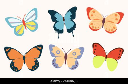Kollektion mehrfarbiger Schmetterlinge. Bright Nature Design-Vektordarstellung in flacher Ausführung Stock Vektor