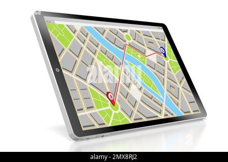 Stadtplan mit Marktroute durch zwei Stifte auf einem Tablet – 3D-Abbildung Stockfoto