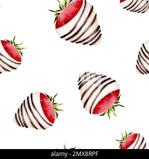 Nahtloses Muster mit Erdbeeren in Schokolade. Valentinstag. Aquarell isolierte Abbildung auf weißem Hintergrund. Für Postkarten, Poster Stockfoto