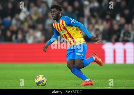 Madrid, Spanien. 02/02/2023, Yunus Musah von Valencia CF während des Spiels La Liga zwischen Real Madrid und Valencia CF, gespielt im Santiago Bernabeu Stadion am 2. Februar 2023 in Madrid, Spanien. (Foto: Bagu Blanco / PRESSIN) Stockfoto