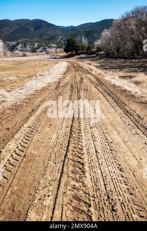 Schlammigen Spuren auf einer Ranch dirt road; Colorado; USA Stockfoto