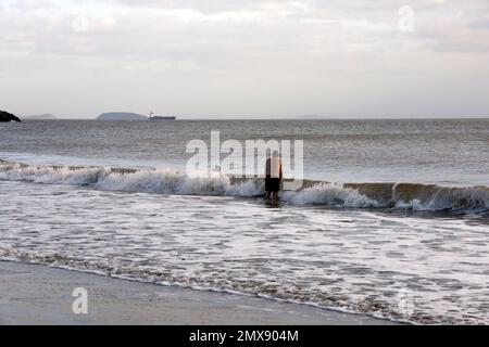 Tapfere, reife Paare schwimmen im Winter in Whitmore Bay, Barry Island. Januar 2023. Winter Stockfoto