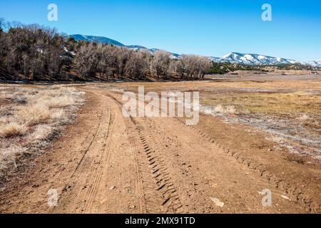 Schlammigen Spuren auf einer Ranch dirt road; Colorado; USA Stockfoto