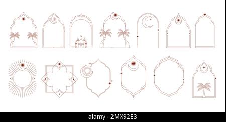 Kollektion aus minimalistisch-linearen islamischen Fenstern und Bögen mit modernem Bo-Ho-Design, Mond, Moschee-Kuppel und Laternen. Minimalistische Illustrationen Stock Vektor